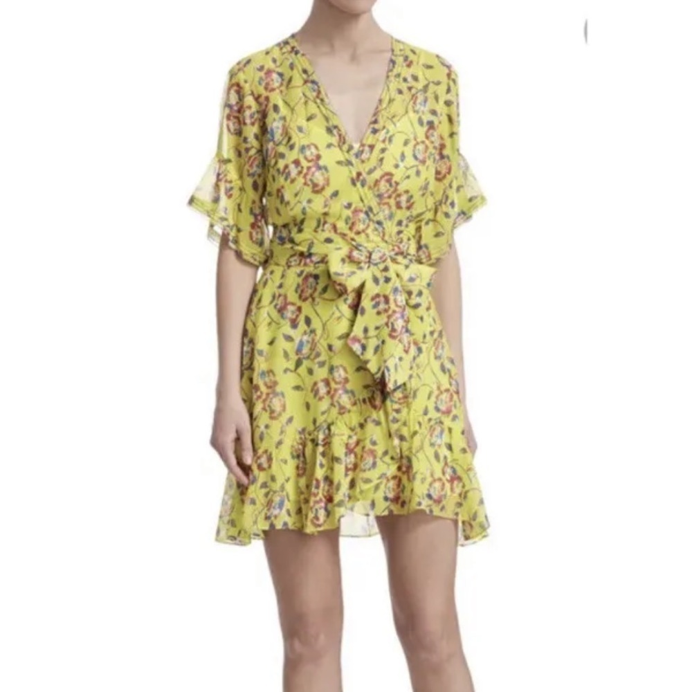 Tanya taylor womens floral garden ruffle Silk mini Wrap dress yellow size 2